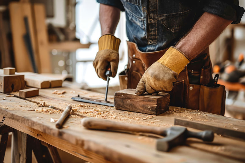 Artisan devant un établi pour travailler le bois